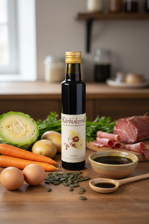 Kürbiskernöl schalenlos, kaltgepresst, Schmuckflasche